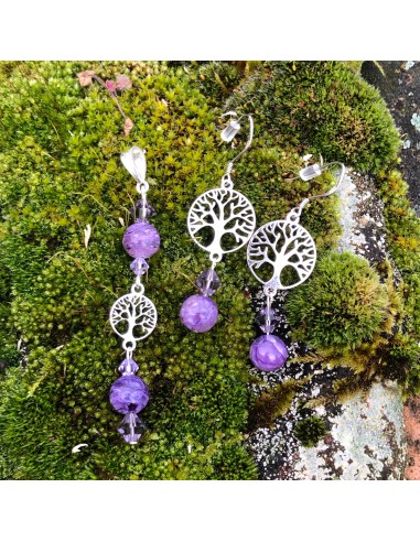 Parure Argent 925 : pendentif Arbre de vie et Charoïte, boucles d’oreilles Arbre de vie et Charoïte Amélioration de cerveau avec